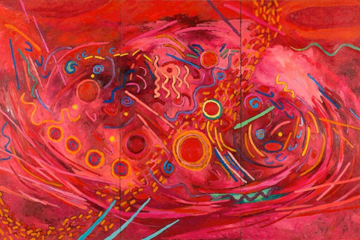 Mildred Thompson, “Music of the Spheres: Mars,” 1996. Oil on wood. Overall: 96 x 144 inches; three panels. The Mildred Thompson Estate.