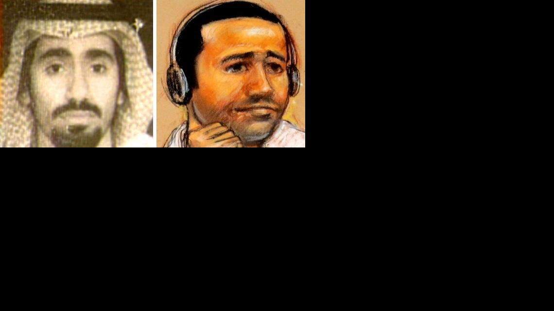 At left, Saudi-born Abd al Rahim al Nashiri in a passport photo taken before his October 2002 capture in the United Arab Emirates. At left, his appearance at the Guantanamo war court on Nov. 9, 2011 as drawn by sketch artist Janet Hamlin.