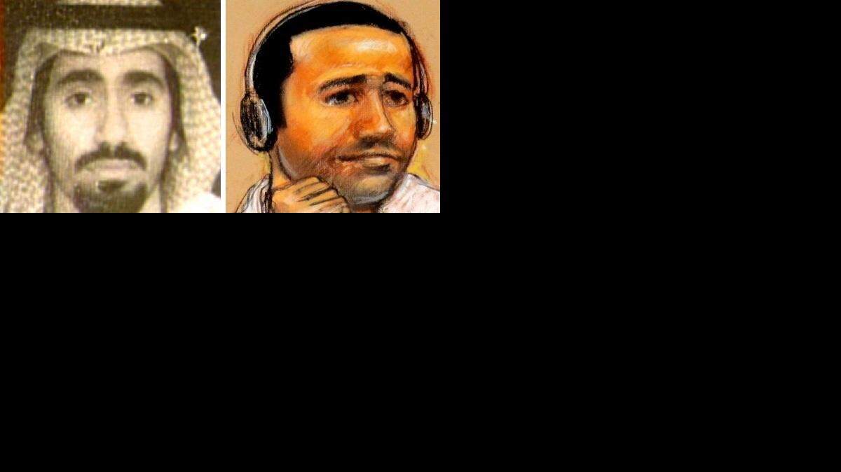 At left, Saudi-born Abd al Rahim al Nashiri in a passport photo taken before his October 2002 capture in the United Arab Emirates. At left, his appearance at the Guantanamo war court on Nov. 9, 2011 as drawn by sketch artist Janet Hamlin.