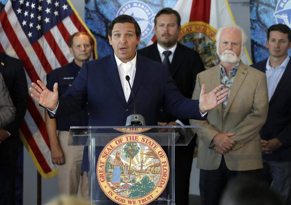 Florida Gov. Ron DeSantis speaks after signing a red tide mitigation and technology development initiative into law during a news conference at Mote Marine Laboratory Thursday, June 20, 2019, in Sarasota.