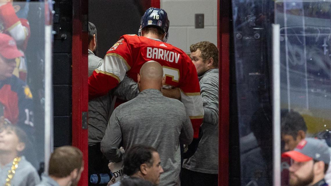 Florida Panthers center Aleksander Barkov (16) walks into the locker room after got injured in a play against the Edmonton Oilers during the third period of Game 2 of the NHL Stanley Cup Final at the Amerant Bank Arena on Monday, June 10, 2024, in Sunrise, Fla.