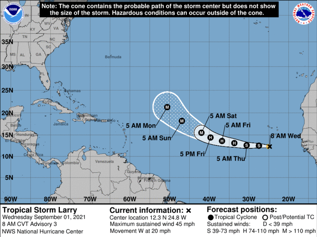 Larry is forecast to become a hurricane by late Thursday or Friday.
