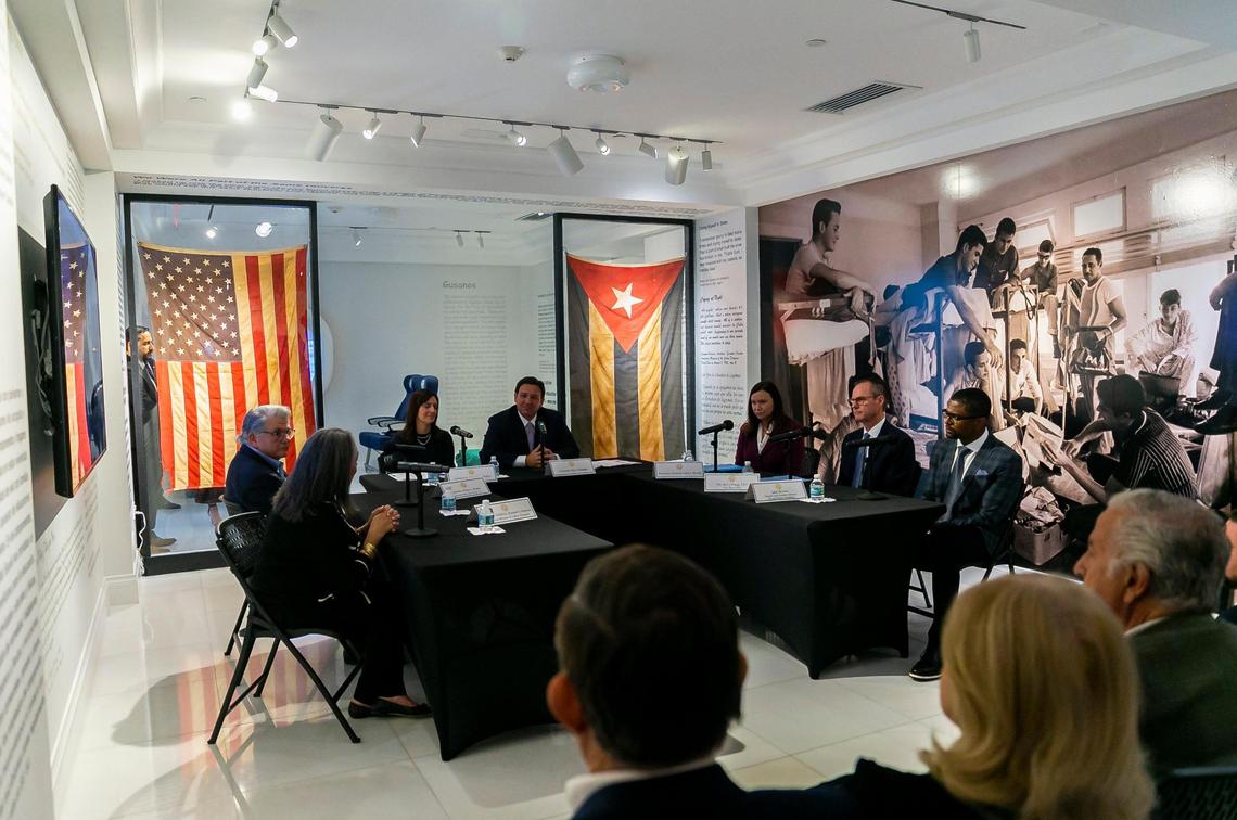 Gov. Ron DeSantis, Lt. Gov. Jeanette Nuñez, and Attorney General Ashley Moody attend a roundtable discussion at the American Museum of the Cuban Diaspora in Miami’s Coral Way neighborhood on Monday, Feb. 7, 2022.