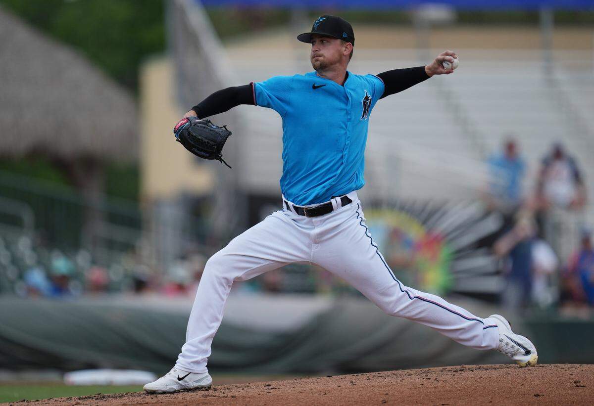 Mar 13, 2023; Jupiter, Florida, USA; Miami Marlins starting pitcher Braxton Garrett (29) pitches the third inning against the New York Mets at Roger Dean Stadium.