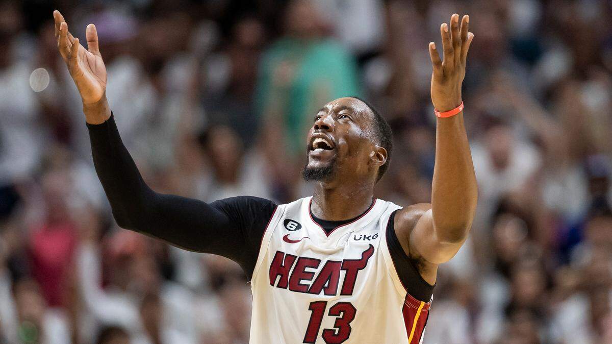 Miami Heat center Bam Adebayo (13) reacts after scoring against the New York Knicks in the fourth quarter of Game 4 of the NBA Eastern Conference Semifinals at the Kaseya Center in Miami on Monday, May 8, 2023.