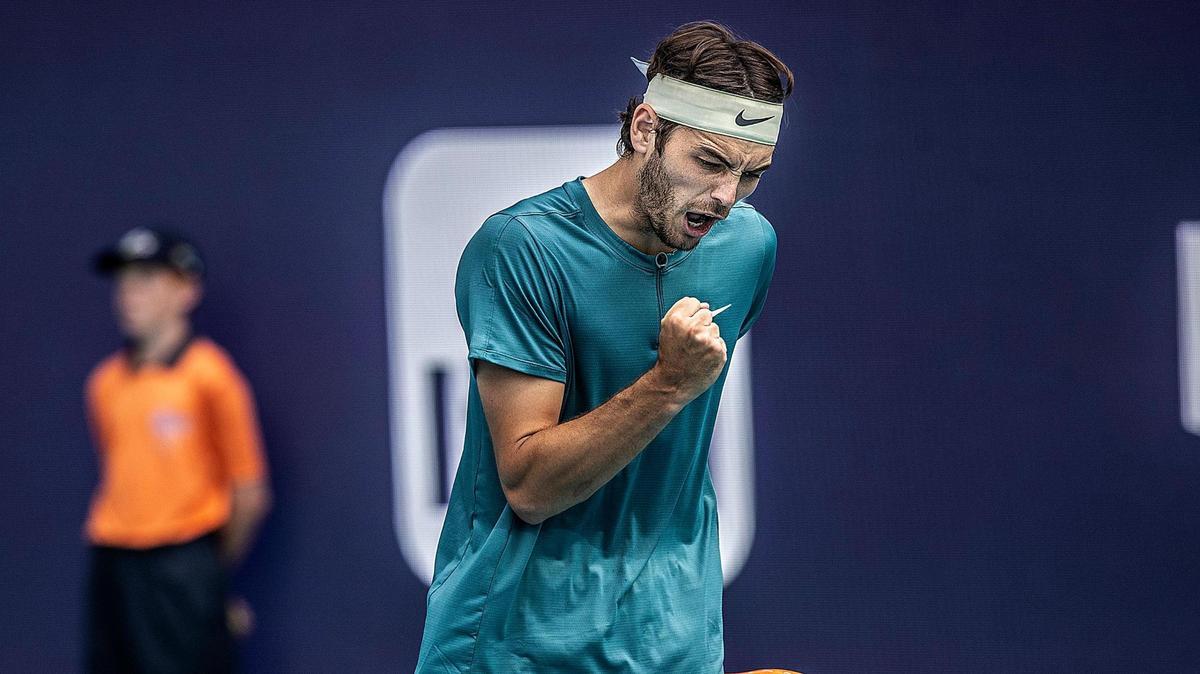 Taylor Fritz (USA), reacts after defeating Emilio Nava, (USA) 6-4, 6-1, at the Miami Open tennis tournament at Hard Rock Stadium in Miami Gardens, on Friday March 24, 2023.