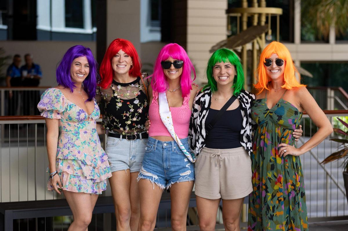 Left to right: Natalie Chernow, Lauren Hesse, Tayte Wood, Angela Robledo and Ashton Kolicko pose for a photo outside Cinépolis Coconut Grove after seeing the Barbie movie in Miami, Fla., on Sunday, July 23, 2023.