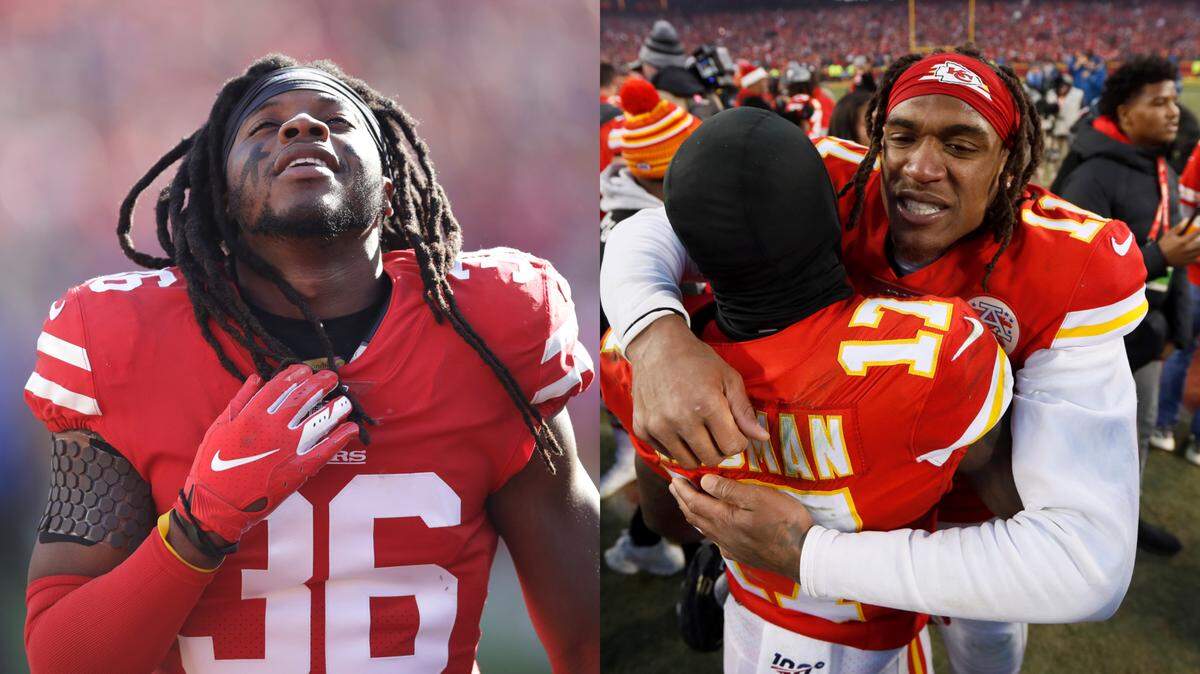 Former Florida Gators Marcell Harris (left) and Demarcus Robinson (right) will face each other in Super Bowl 54 at Hard Rock Stadium. Their presence marks the 18th consecutive season that at least one person with UF ties is in a Super Bowl.