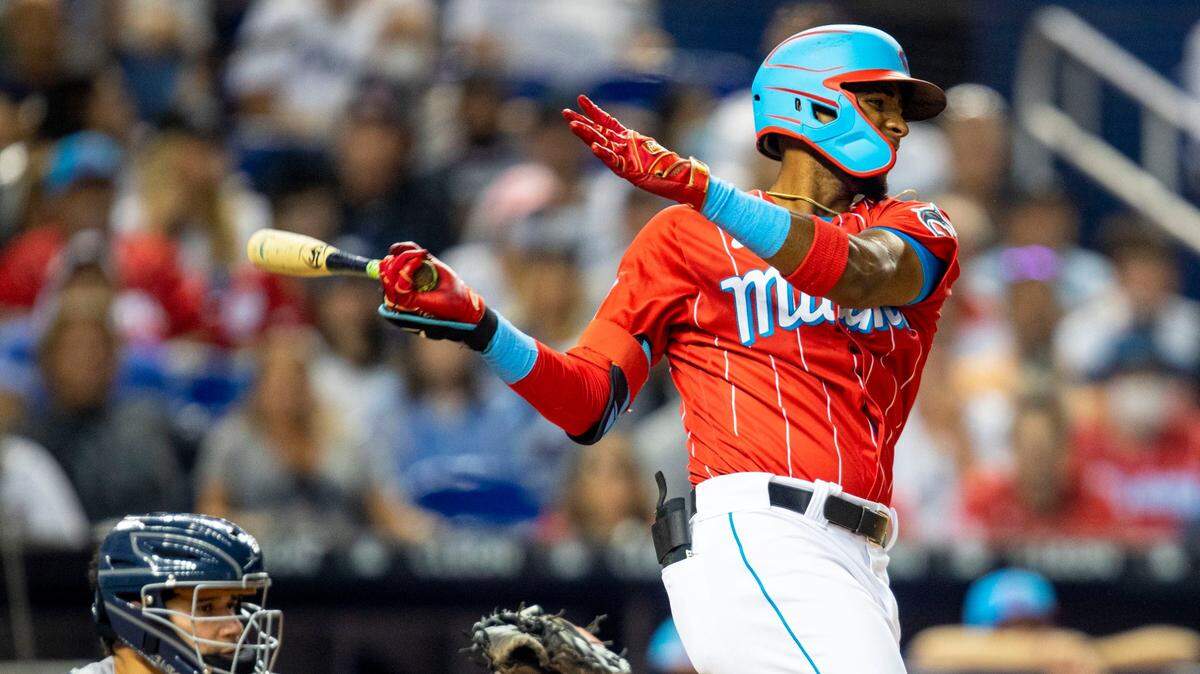 Miami Marlins batter Lewin Diaz (68) swings at a pitch during the ninth inning of an MLB game against the New York Yankees at loanDepot park in the Little Havana neighborhood of Miami, Florida, on Saturday, July 31, 2021.