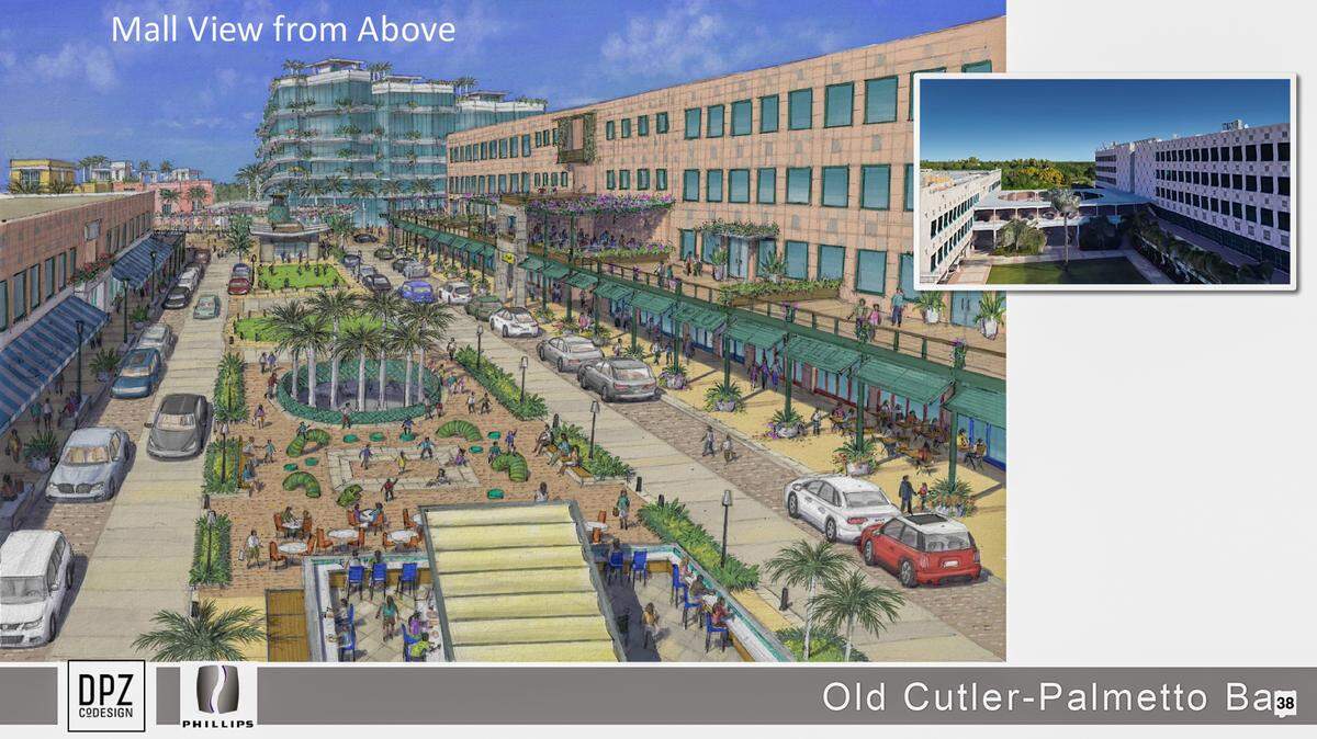 An architectural drawing shows how a new commercial main street, elevated two stories off the ground for flooding mitigation, might look when the Palmetto Bay Village Center campus undergoes a planned conversion into a village of townhomes, apartments, retail and office spaces. The project would reuse the center’s original buildings, inset, built as Burger King’s corporate headquarters in the 1980s.