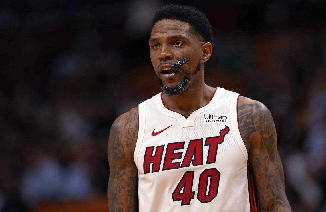 Miami Heat forward Udonis Haslem (40) looks on in the fourth quarter of an NBA basketball regular season game against the Detroit Pistons at the AmericanAirlines Arena on Tuesday, November 12, 2019 in Miami.