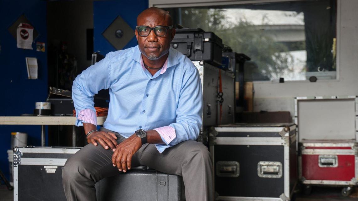 Joe Louissaint, 54, is photographed at his warehouse in Miami Gardens, Florida, on Wednesday, Aug. 28, 2024. He operates an AV production business called Show Technology that produces events ranging from corporate meetings to festivals. Louissaint was the audiovisual director for multiple hotels throughout Miami before launching his company in 2000.