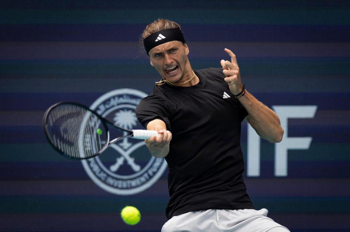 Alexander Zverev GER returns during the first set of a men’s singles match against Christopher Eubanks USA at the Miami Open tennis tournament on Monday, March 25, 2024, at the Hard Rock Stadium in Miami Gardens.