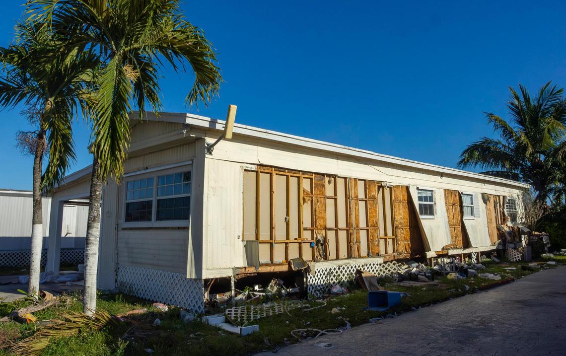 A view of a mobile home on Northwest Third Terrace in the Li’l Abner Mobile Home Park on Friday, March 7, 2025, in Sweetwater, Florida.