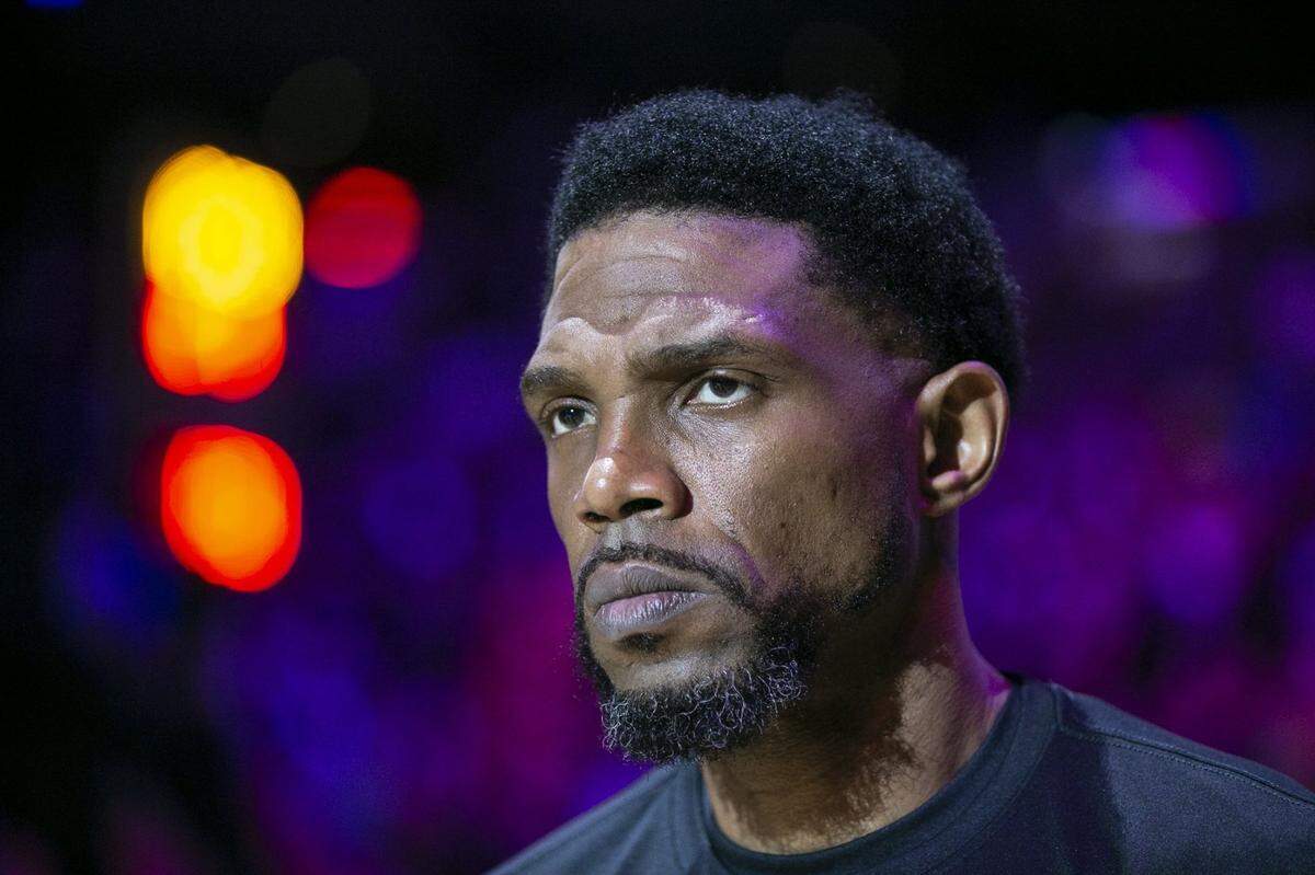 Miami Heat forward Udonis Haslem (40) looks on as the Miami Heat host the Dallas Mavericks at the AmericanAirlines Arena in Miami on Friday, February 28, 2020.