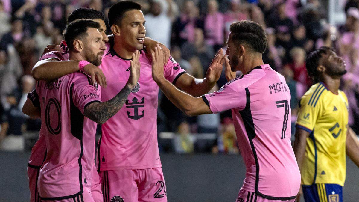 Inter Miami midfielder Diego Gómez (20) celebrates with teammates Lionel Messi (10) Luis Suárez (9) and Jean Mota (7) after scoring goal in the second half of an MLS match against Real Salt Lake at Chase Stadium on Wednesday, Feb. 21, 2024, in Fort Lauderdale, Fla.