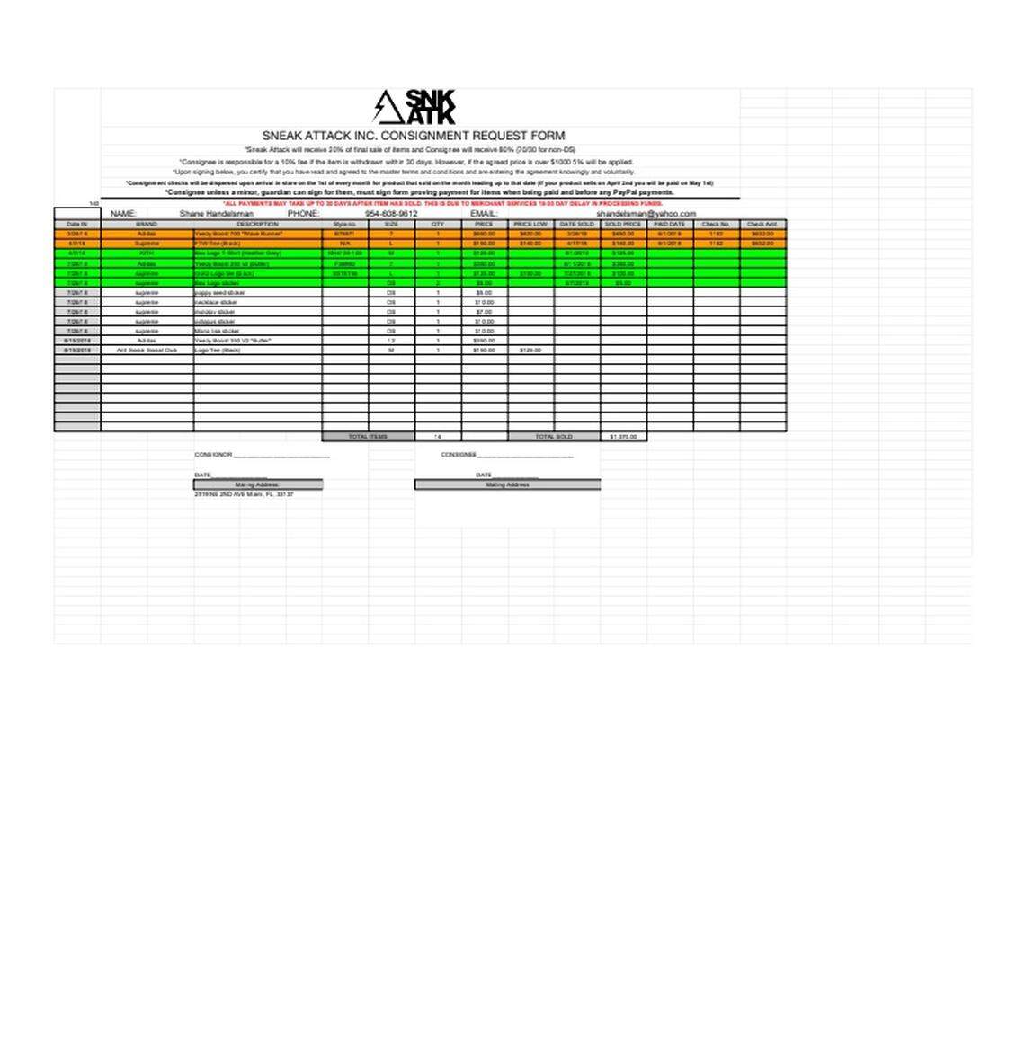 A copy of reseller Shane Handelsman’s consignment sheet, which Handelsman filled out prior to conducting business with Sneak Attack. Handelsman, who said he is owed nearly $600, is among several resellers who expressed frustration with the delayed payments from the store and its sudden shuttering. The store said it would begin mailing out checks Friday and that it would close for a few months before relocating to Wynwood.