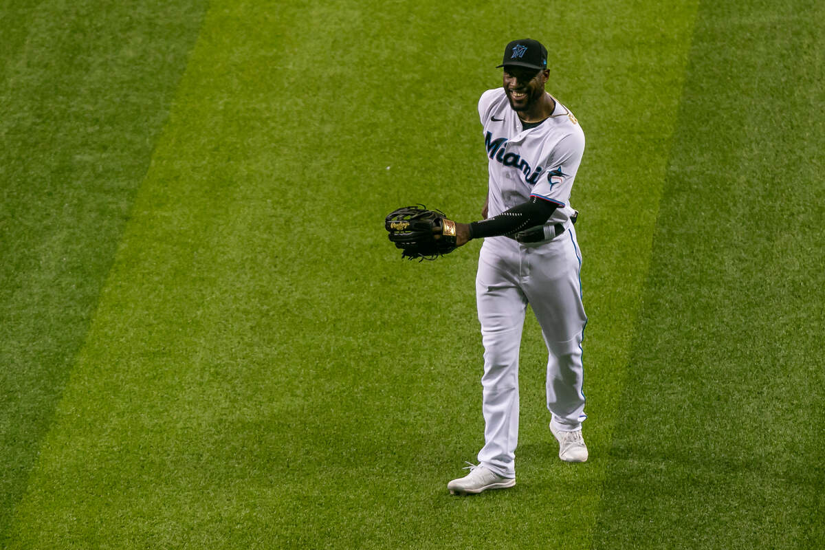 Miami Marlins center fielder Starling Marte (6) in the outfield during the sixth inning of a Major League Baseball game against the Boston Red Sox at Marlins Park in Miami, Florida on Tuesday, September 15, 2020.