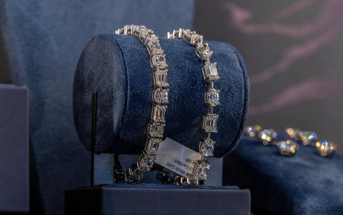 View of a couple of rare 18-karat gold lab-grown diamond bracelets from the Liori Diamonds Lab Diamonds collection, for sale at the store in Sunny Isles Beach, Florida, on Thursday, Feb. 6, 2025.