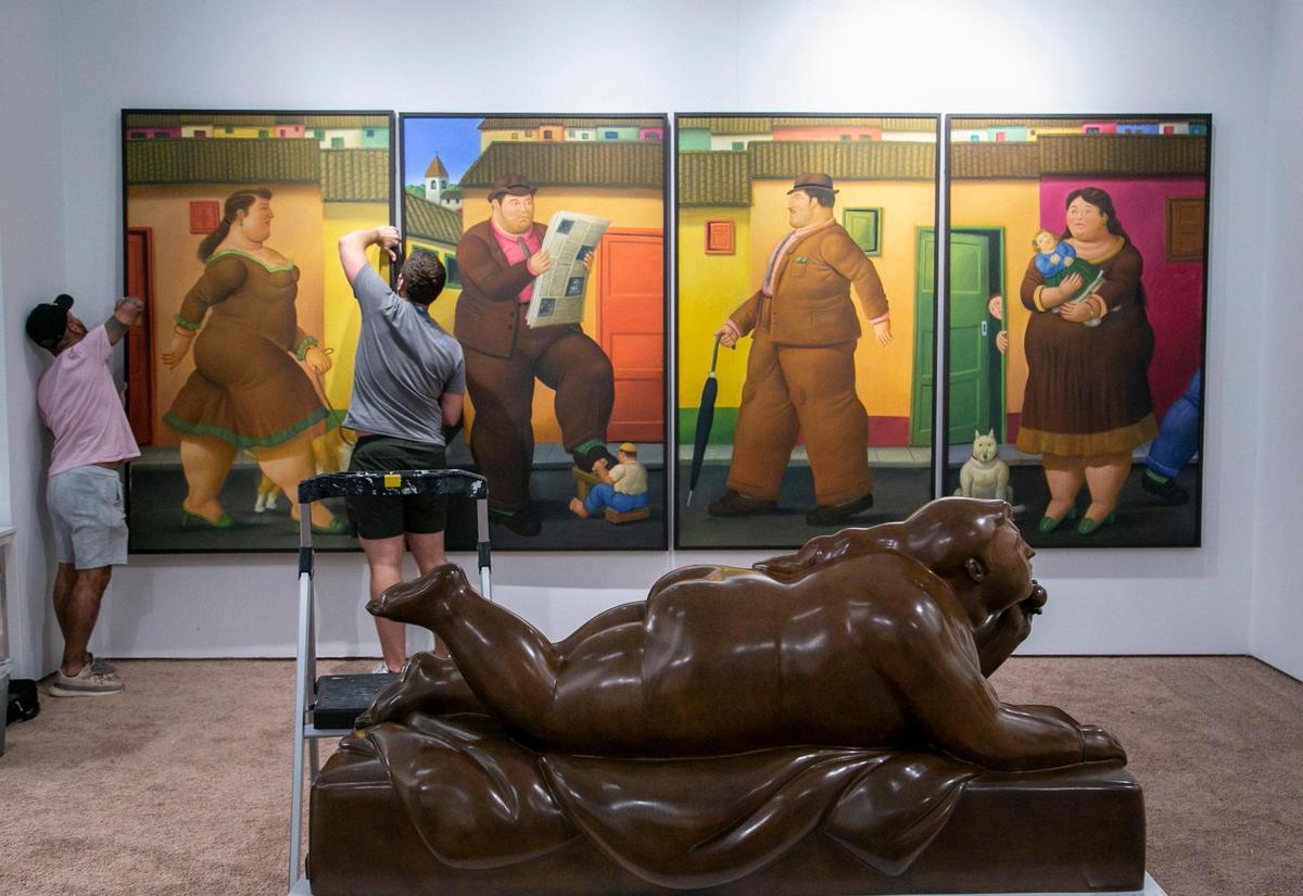 Miami, Florida, Nov. 29, 2021 - A set of four panels by Botero are hung in the Art of the World Gallery space at the Art Miami tent, 1 Herald Plaza.