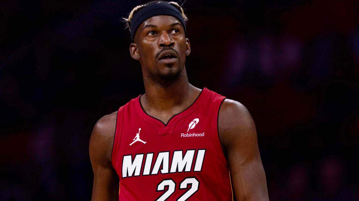 Miami Heat forward Jimmy Butler (22) looks on during the first half of an NBA game against the Portland Trail Blazers at the Kaseya Center on Tuesday, January 21, 2025, in Miami, Fla.