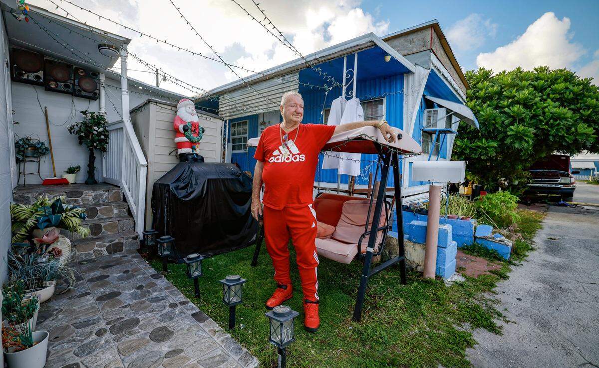 Luis Medina, 70, stands outside his home at Silver Court Mobile Home Park at 3170 SW 8th Street in Miami, Florida, on Friday, April 17, 2026. The trailer park is closing and 200 families are being evicted to make room for development.