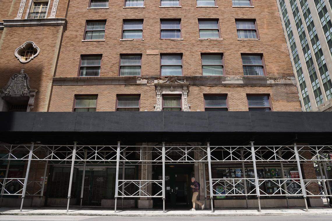 May 18, 2021 – The deteriorating facade of the historic Olympia Theater raises safety concerns for contractors working on the Flagler Street beautification project in downtown Miami, Florida.