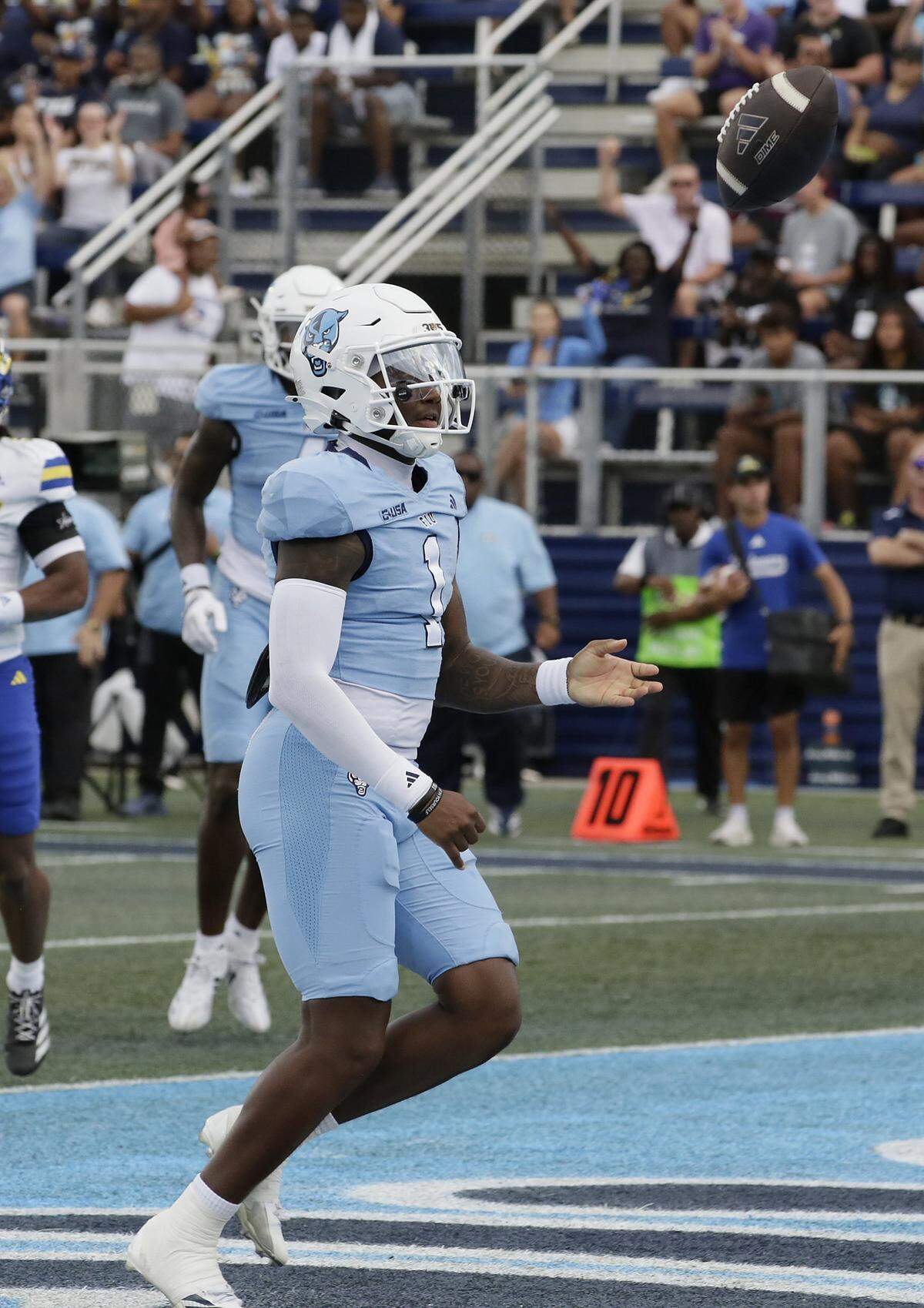 FIU Panthers quarterback Keyone Jenkins (1) celebrates a touchdown against Delaware Fightin' Blue Hens Saturday, September 20, 2025 at FIU Pitbull Stadium in Miami.  Andrew Uloza / for Miami Herald