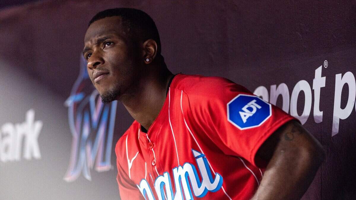 Miami Marlins shortstop Tim Anderson (7) reacts inside the dugout while losing to the Seattle Mariners 9-0 uring the eighth inning of an MLB game at loanDepot Park on Saturday, June 22, 2024, in Miami, Fla.