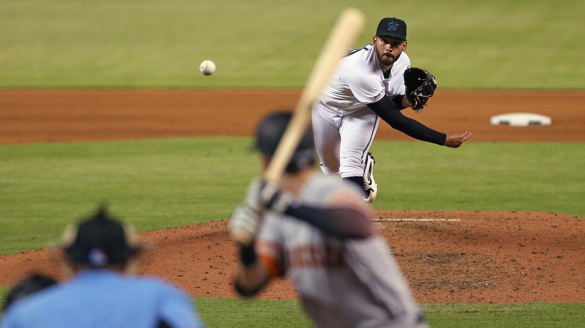Miami Marlins pitcher Pablo Lopez (49) pitches during the fifth inning of an Major League Baseball game against the San Francisco Giants at Marlins Park in Miami, Wednesday, May 29, 2019.