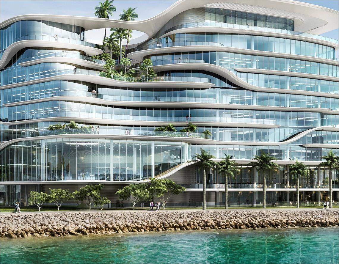 On Monday the Miami-Dade Tourism and Ports Committee approved a deal that would allow Royal Caribbean Cruises Ltd. to build a new office and parking garage on the land at the southwest corner of Dodge Island next to where its older offices sit now. The building, shown in this rendering, was designed by HOK.