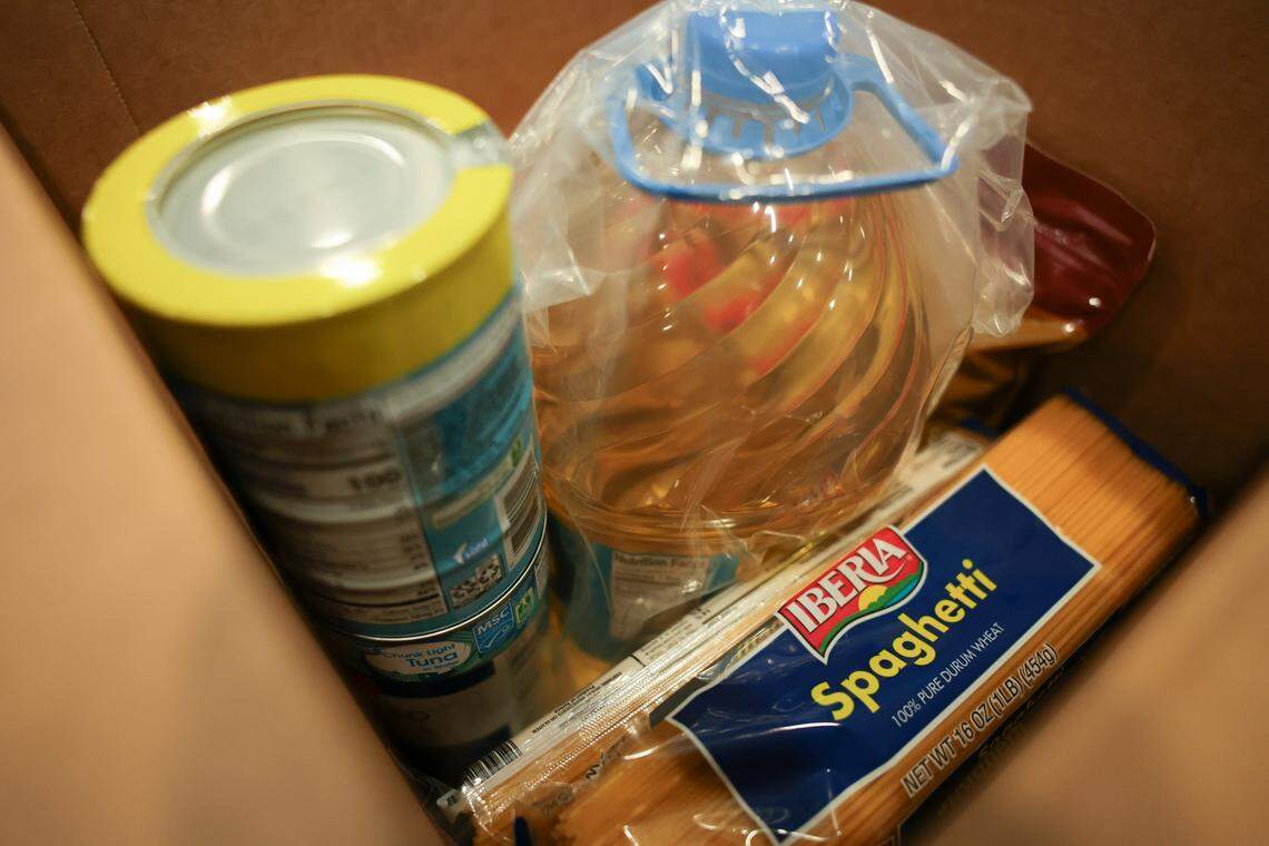 Relief supplies are seen inside a box before being shipped to victims of Hurricane Melissa in Cuba at the Ecolog Warehouse, 1951 N. Commerce Pkwy., Wednesday, Jan. 14, 2026, in Weston, Fla.