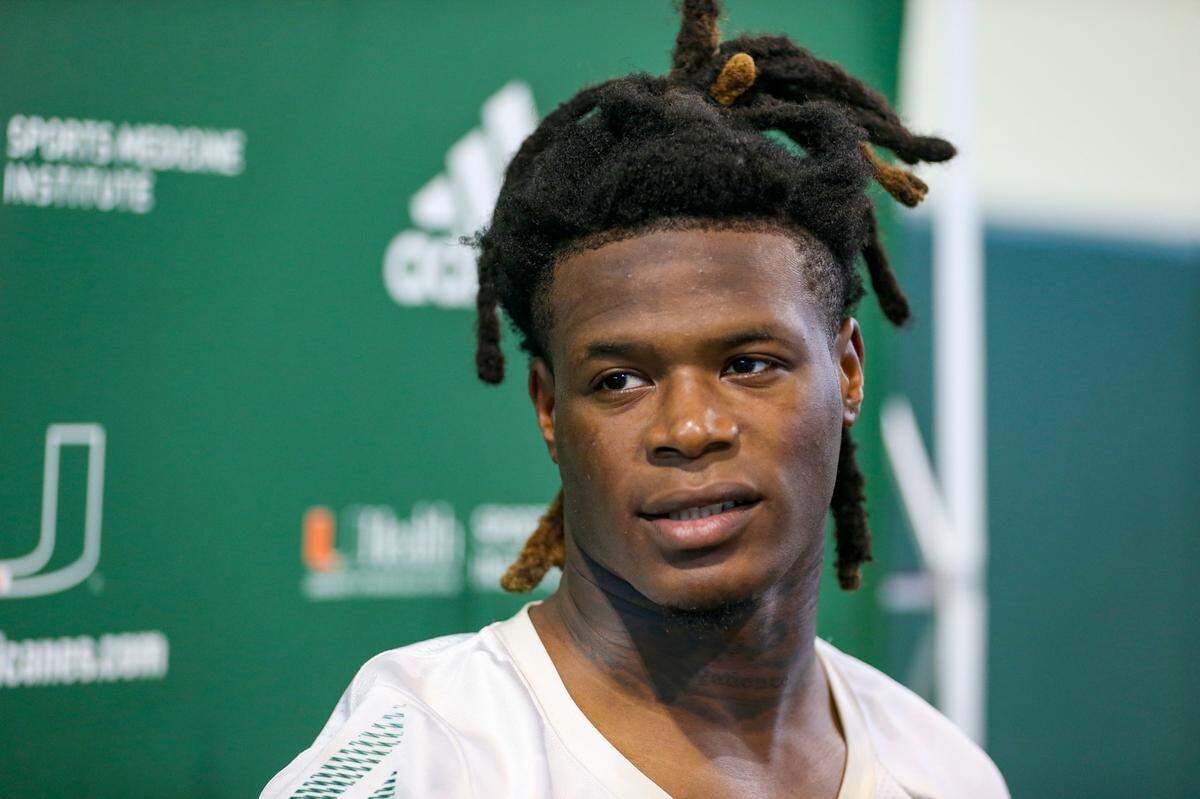 Miami Hurricanes safety Avantae Williams (15) talks to reporters during a press conference after football practice at the University of Miami campus in Coral Gables, Florida, Tuesday, August 23, 2022.