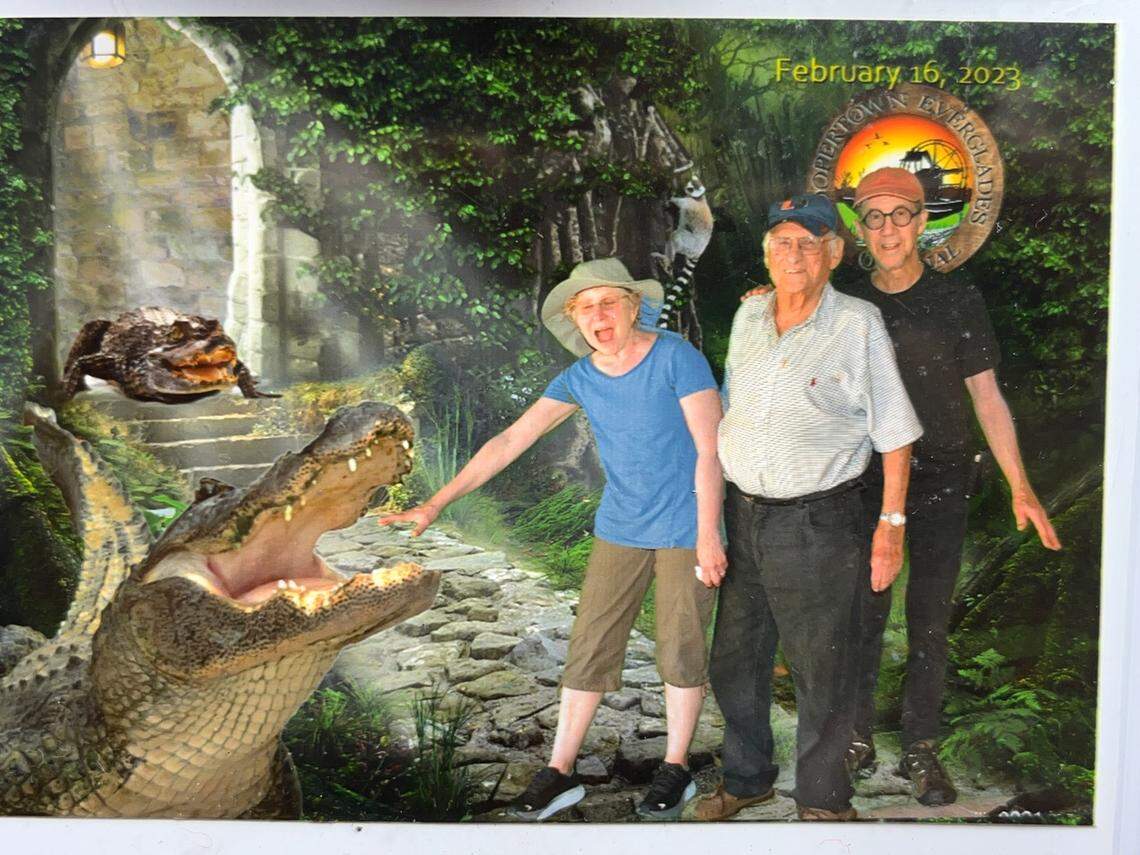 In February 2023, artist Sydney Cash (right) and his wife Julie (left) visit the Palley family in Miami. Sheldon Palley (center) was adamant about taking the couple to visit the Florida Everglades.