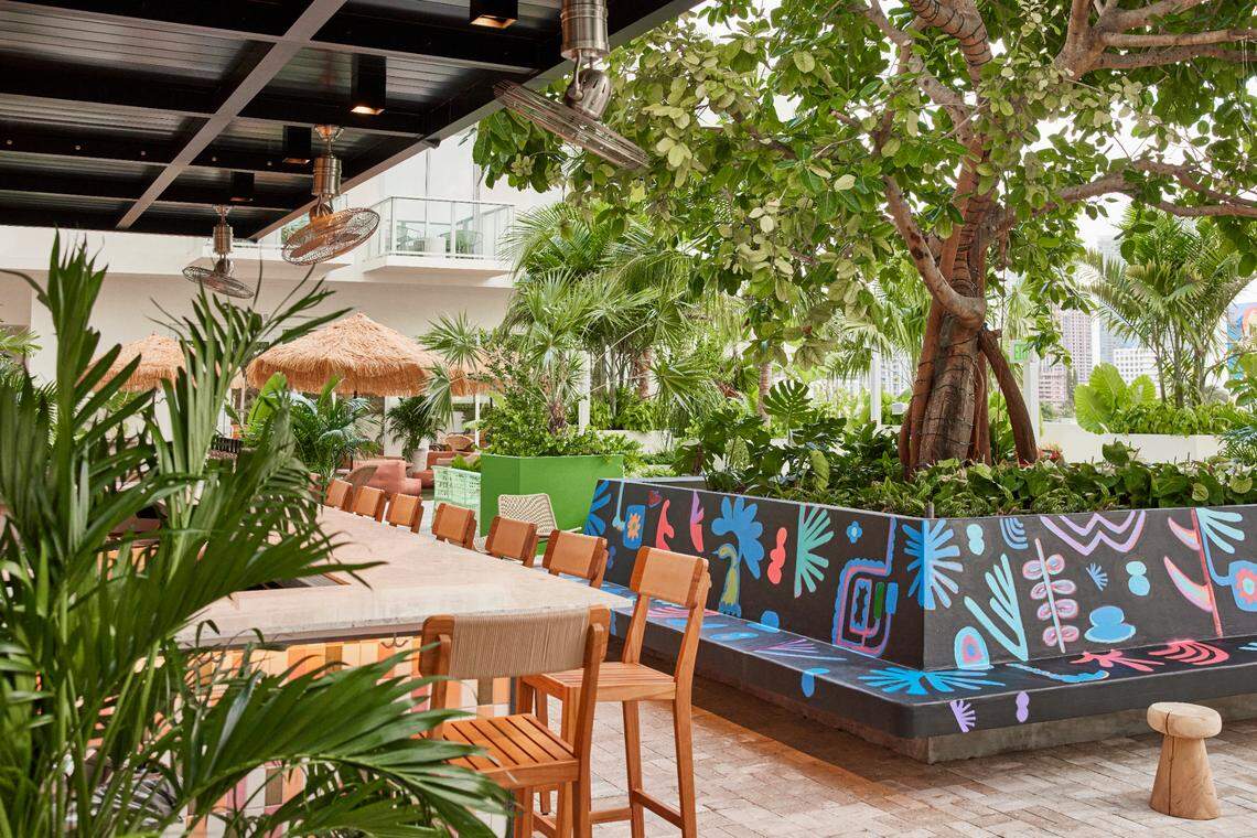 Higher Ground, a bar and cafe from Bar Lab on the hotel’s third floor, is designed to remind guests of the Amazon.
