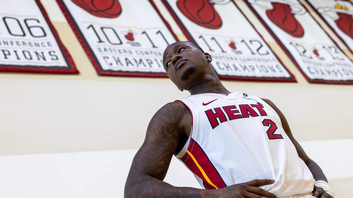Miami Heat guard Terry Rozier (2) strikes a pose during media day at Kaseya Center on September 30, 2024.