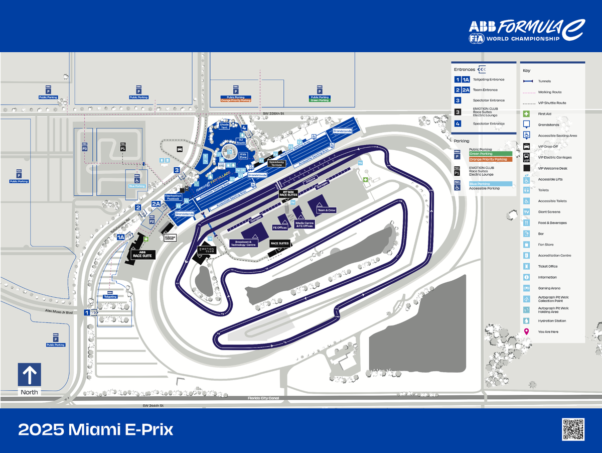 The layout of Homestead-Miami Speedway, including fan zones, for Saturday’s Formula E qualifying and Miami E-Prix Race.