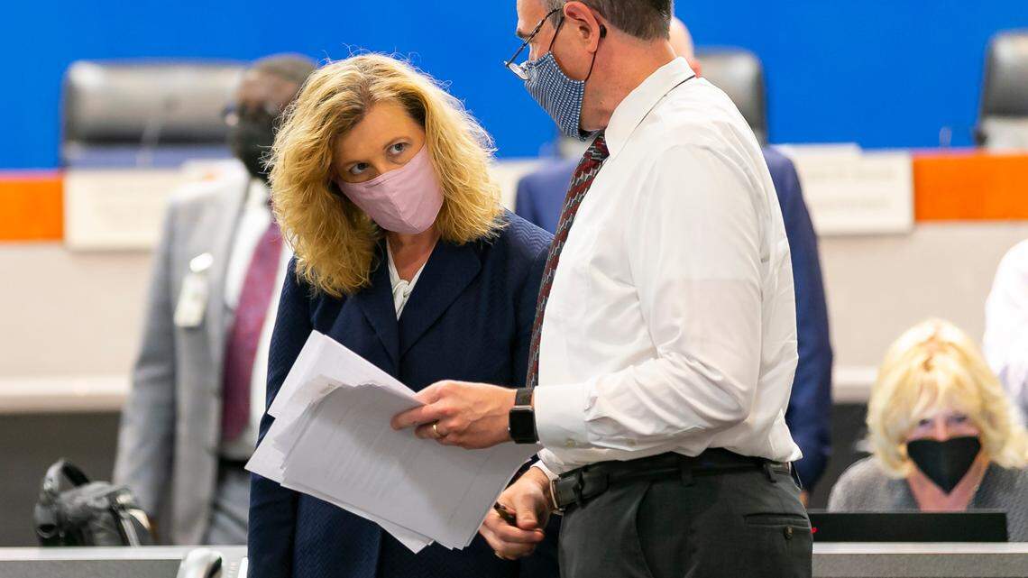 Broward County Public Schools Interim Superintendent Vickie Cartwright, left, attends a School Board meeting at the Kathleen C. Wright Administration Building in Fort Lauderdale, Florida, on Wednesday, July 28, 2021. The meeting discussed COVID-19 safety precautions and potential mask mandates for the upcoming school year.