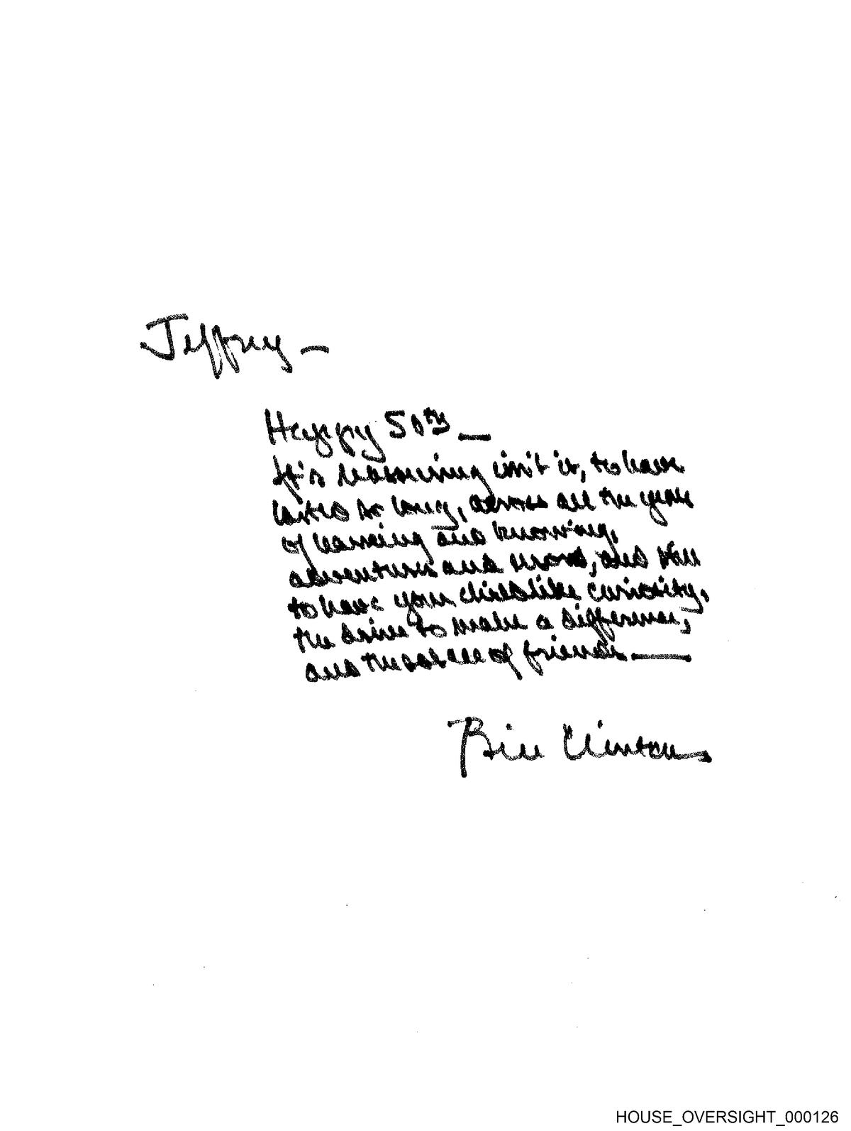 A birthday message to Epstein signed by former president Bill Clinton