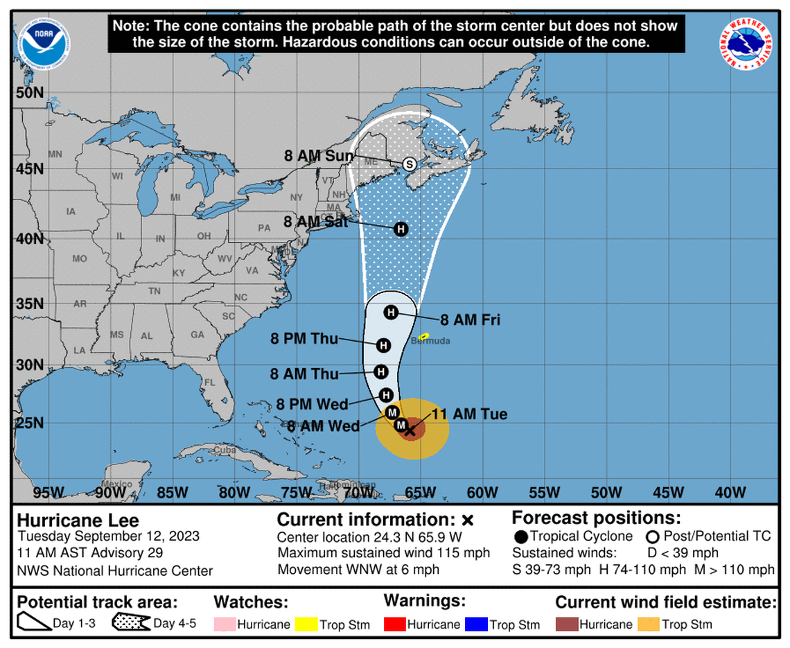Hurricane Lee is set to begin its northern turn Wednesday, and its wide wind field may scrape Bermuda later this week.