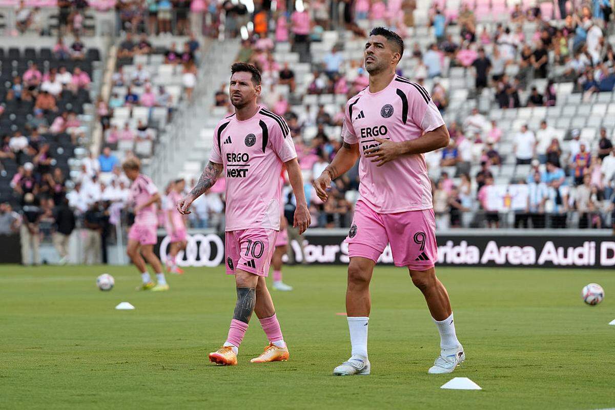 Lionel Messi #10 and Luis Suárez #9 of Inter Miami CF warm up prior to the MLS match between Inter Miami CF and Orlando City SC at Nu Stadium on May 02, 2026 in Miami, Florida.