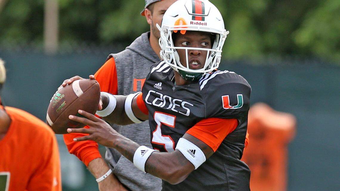 Miami Hurricanes quarterback N’Kosi Perry practices at UM’s training facility on Aug. 29, 2018.