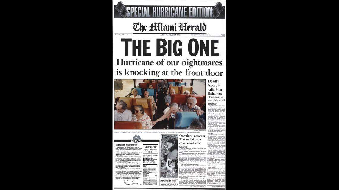 Cover page (page 1, section A) of the special edition of the Miami Herald published Monday, Aug. 24, 1992, on the day Hurricane Andrew arrived in South Miami-Dade.