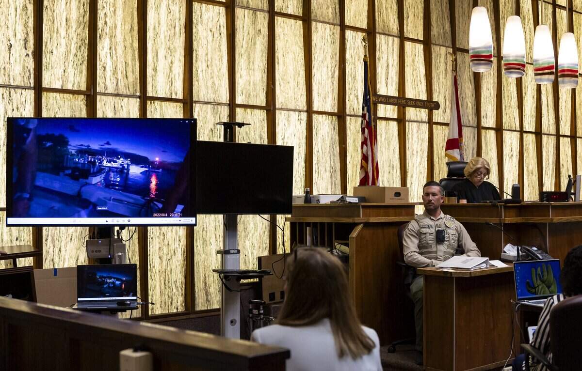 Video evidence is presented to the jury as Florida Fish and Wildlife Conservation Commission Lt. William Thompson testifies during the George Pino trial at the Richard E. Gerstein Justice Building on Friday, June 12, 2026, in Miami, Fla. Pino is charged in connection to the boat crash that killed 17-year-old Lucy Fernandez in 2022.