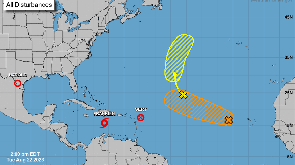 Only one tropical storm, Franklin, remained in the Atlantic as of Tuesday evening.