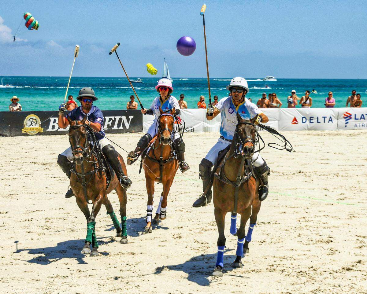 Polo players take their skills to South Beach as horses gallop in the sand and enthusiasts cheer on their team. Teams “Delta” and “The Perigon” battle for 5th and 6th place in the first game of three during World Polo League season finale on Sunday, April 23, 2023 in Miami Beach, Florida.
