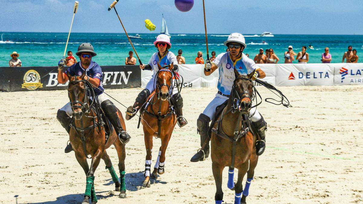 Polo players take their skills to South Beach as horses gallop in the sand and enthusiasts cheer on their team. Teams “Delta” and “The Perigon” battle for 5th and 6th place in the first game of three during World Polo League season finale on Sunday, April 23, 2023 in Miami Beach, Florida.