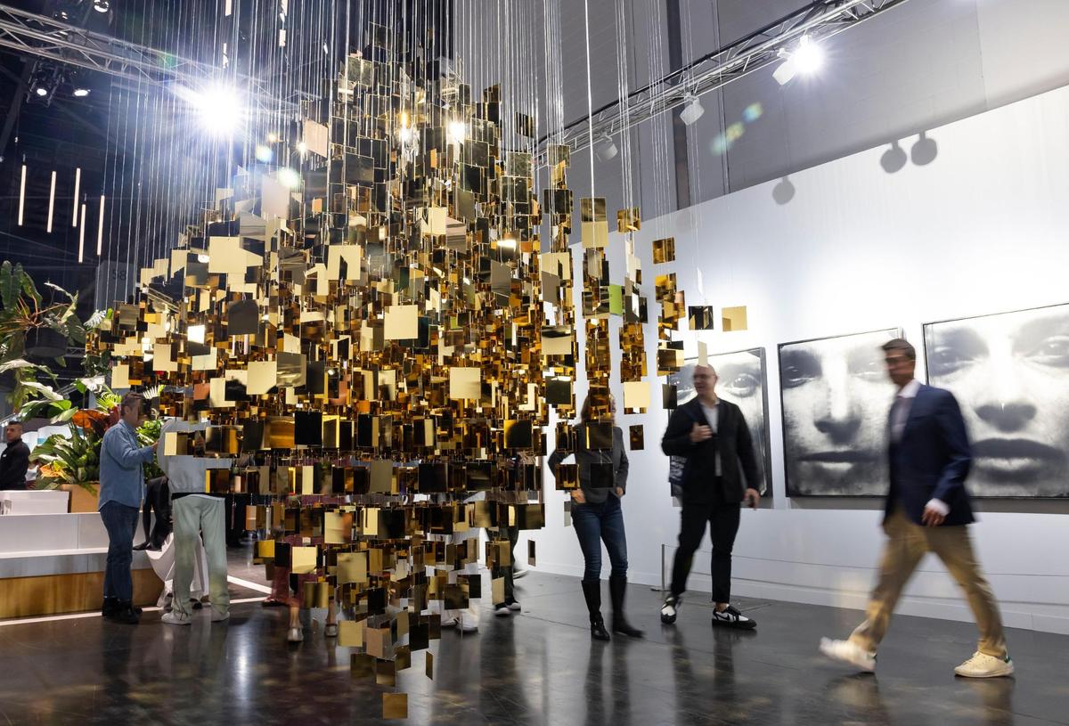 ‘Mobile losange doré’ by Julio Le Parc is presented by Nara Roesler during Art Basel at the Miami Beach Convention Center on Wednesday, Dec. 4, 2024, in Miami Beach, Fla.
