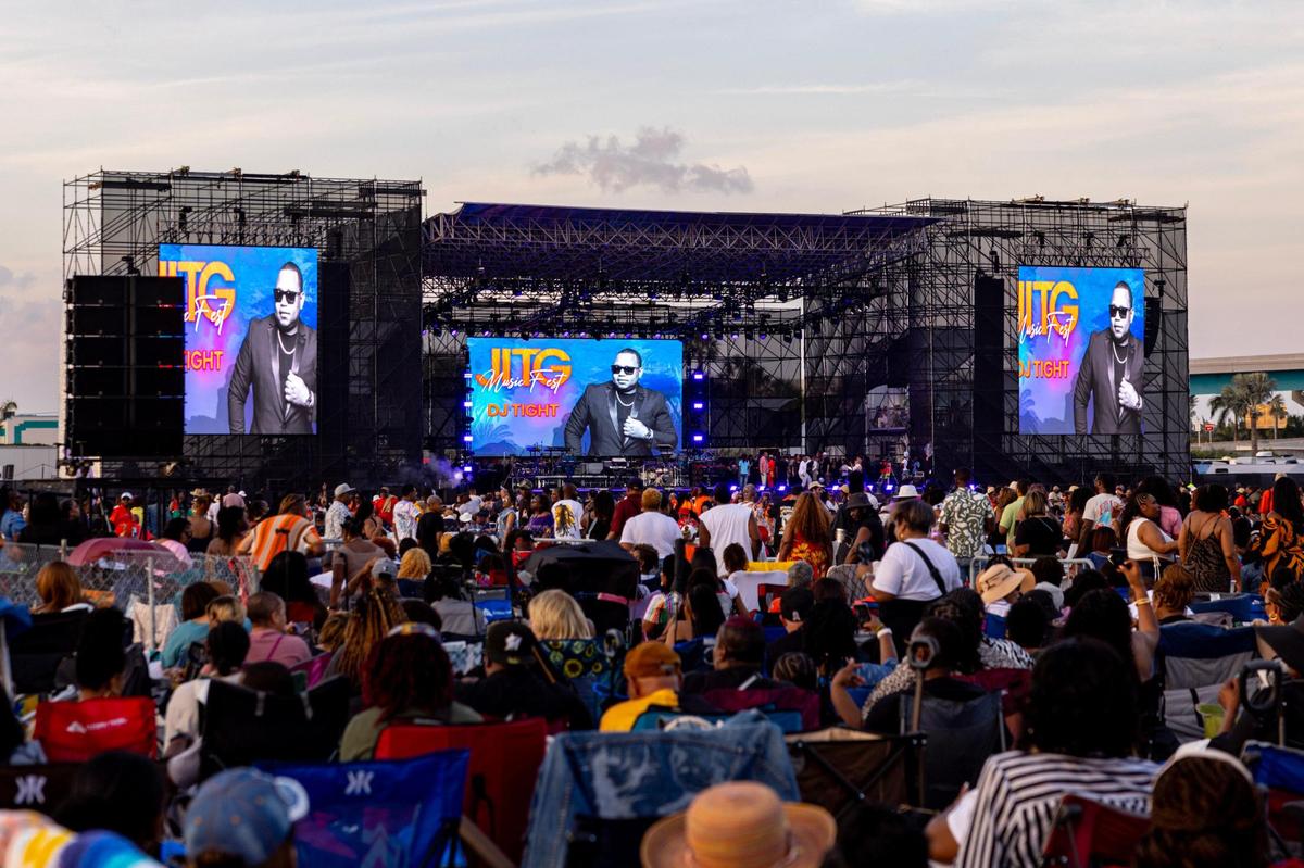 Festival goers watch the performances during Jazz in the Gardens at Hard Rock Stadium Arena in Miami Gardens, Florida, on Saturday, March 9, 2024.