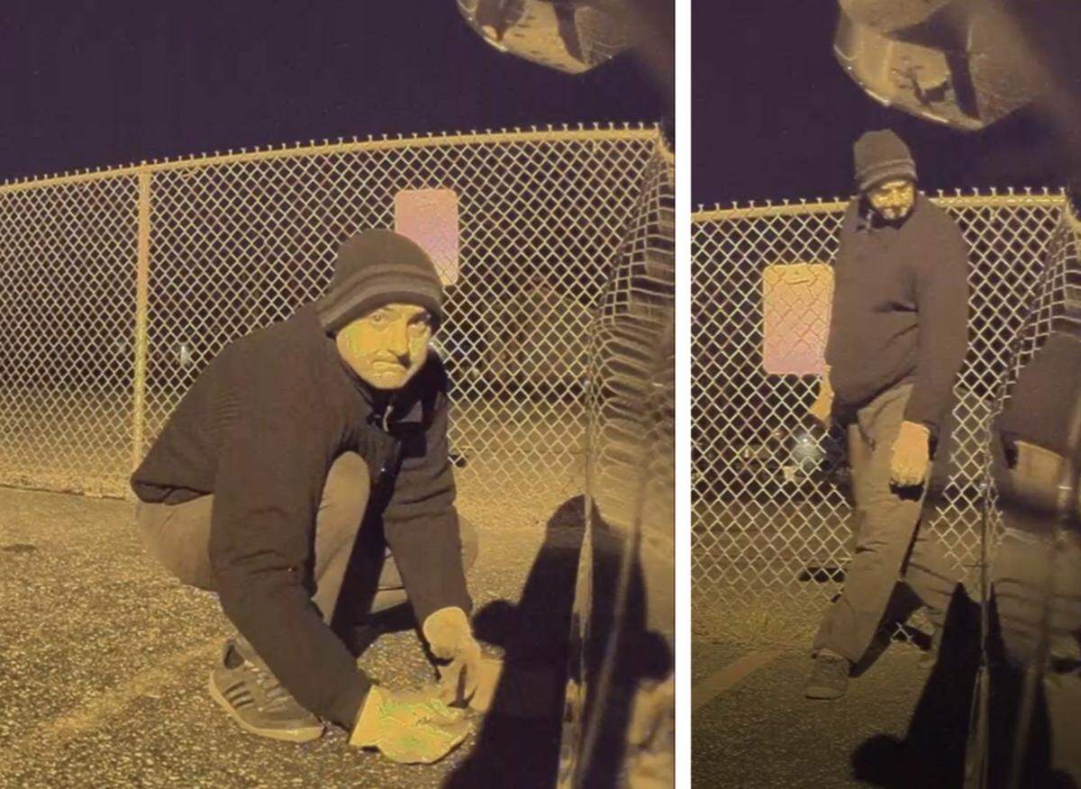 Video footage from an alleged Tesla vehicle tire slashing on December 14, 2020. Dushko Vulchev is accused of being the man in the photos, according to the U.S. Attorney’s Office for the District of Massachusetts.